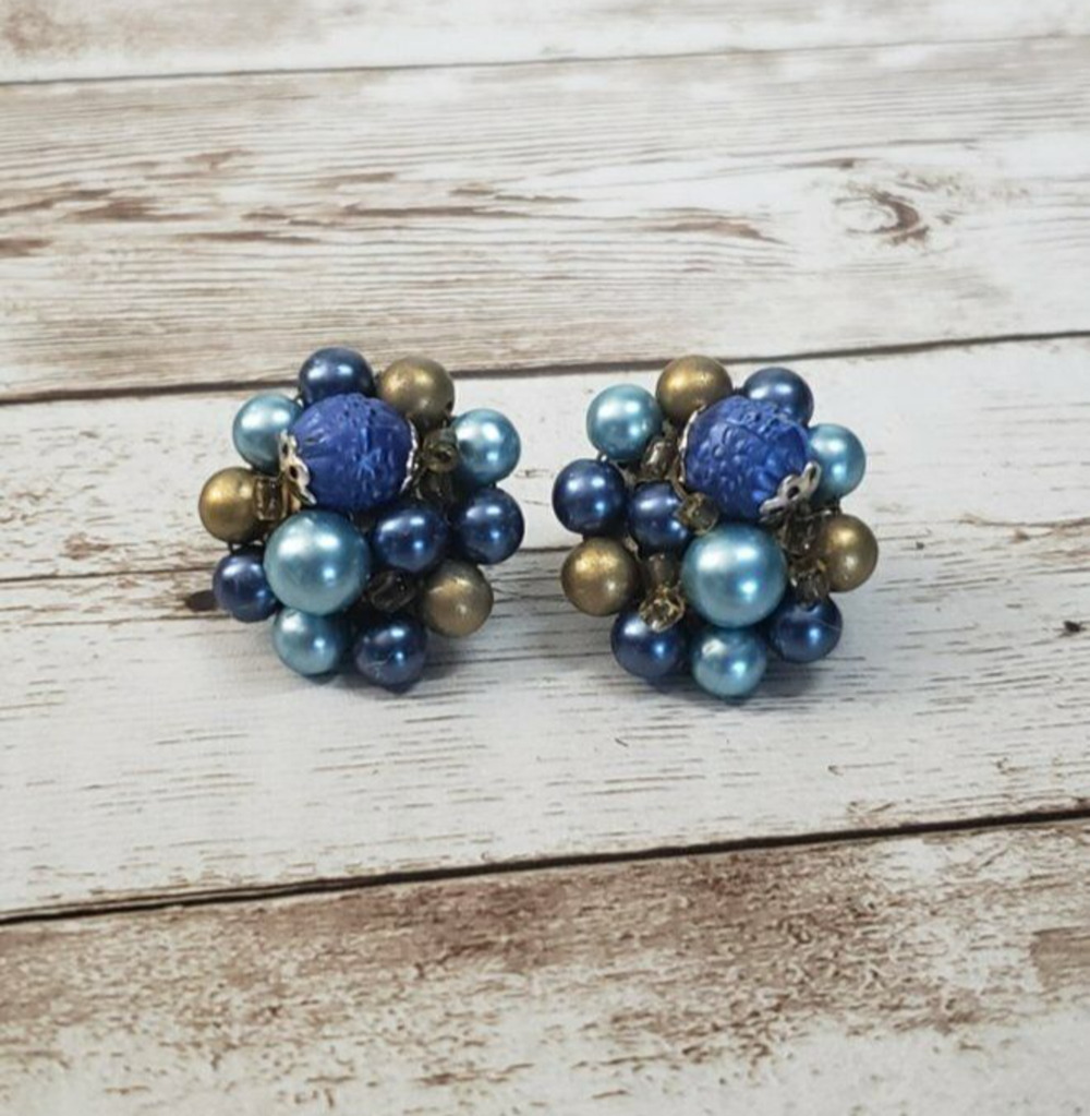Vintage Clip On Earrings Blue & Bronze Tone Cluster Style 1"